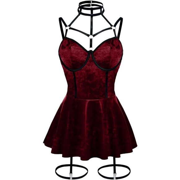 Women Red Velvet Strappy Leather Underwire Choker Garter Belt Lingerie Set Dress - Picture 6 of 6
